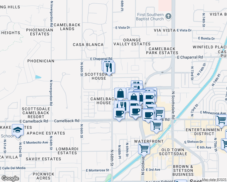 map of restaurants, bars, coffee shops, grocery stores, and more near 118 East Highland Avenue in Scottsdale