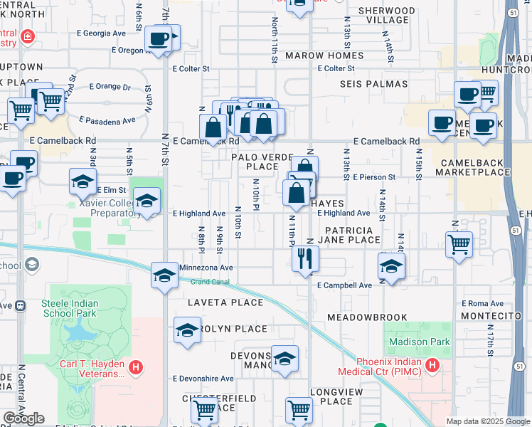 map of restaurants, bars, coffee shops, grocery stores, and more near 1037 E Highland Ave in Phoenix