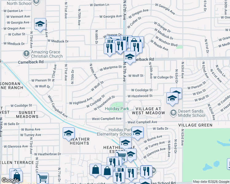 map of restaurants, bars, coffee shops, grocery stores, and more near 6727 West Coolidge Street in Phoenix