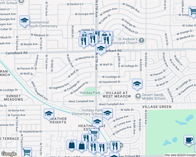 map of restaurants, bars, coffee shops, grocery stores, and more near 6641 West Coolidge Street in Phoenix