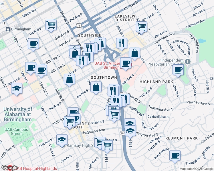 map of restaurants, bars, coffee shops, grocery stores, and more near 2401 9th Court South in Birmingham