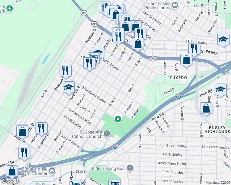 map of restaurants, bars, coffee shops, grocery stores, and more near 2501 Avenue I in Birmingham