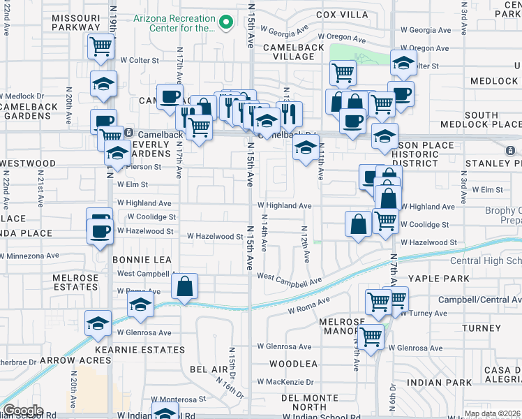 map of restaurants, bars, coffee shops, grocery stores, and more near 4640 North 14th Avenue in Phoenix