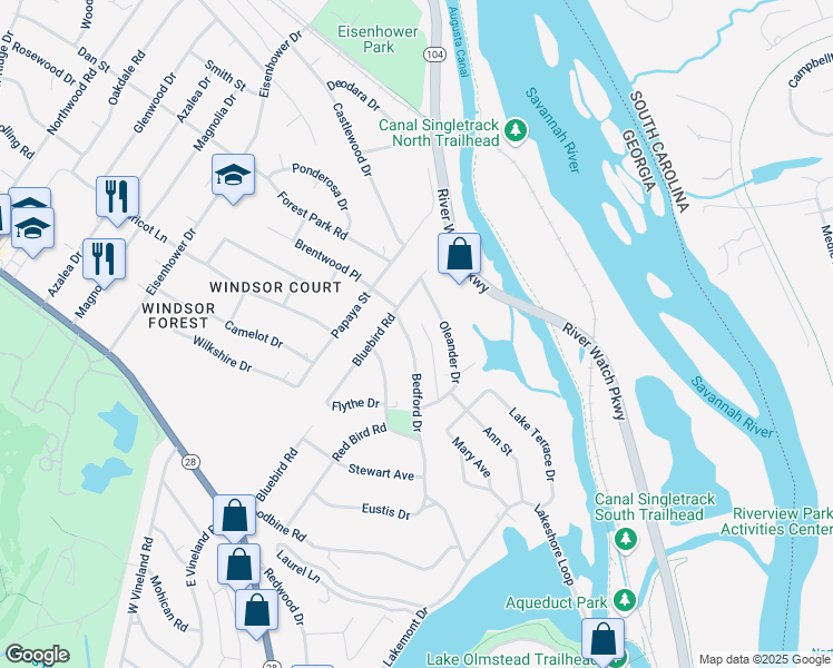 map of restaurants, bars, coffee shops, grocery stores, and more near 1039 Bedford Drive in Augusta