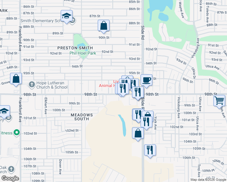 map of restaurants, bars, coffee shops, grocery stores, and more near 9706 Aberdeen Avenue in Lubbock