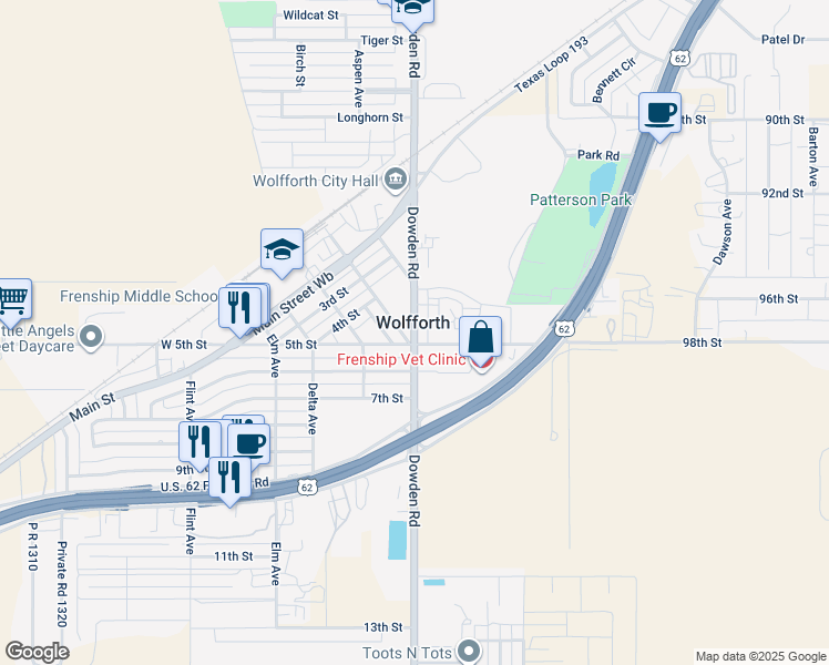 map of restaurants, bars, coffee shops, grocery stores, and more near in Wolfforth