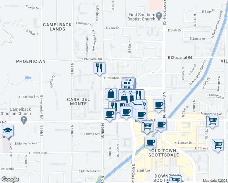 map of restaurants, bars, coffee shops, grocery stores, and more near 214 East Highland Avenue in Scottsdale