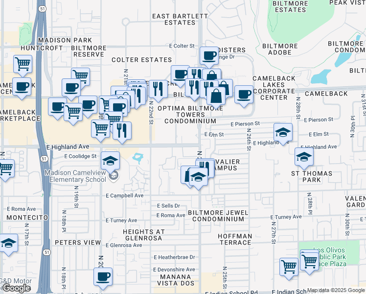 map of restaurants, bars, coffee shops, grocery stores, and more near 4722 East Highland Avenue in Phoenix