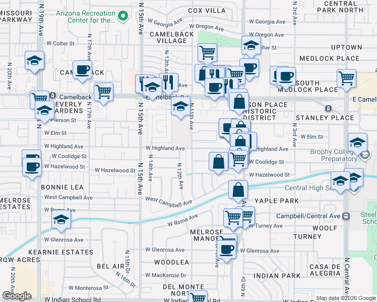 map of restaurants, bars, coffee shops, grocery stores, and more near 4639 North 12th Avenue in Phoenix