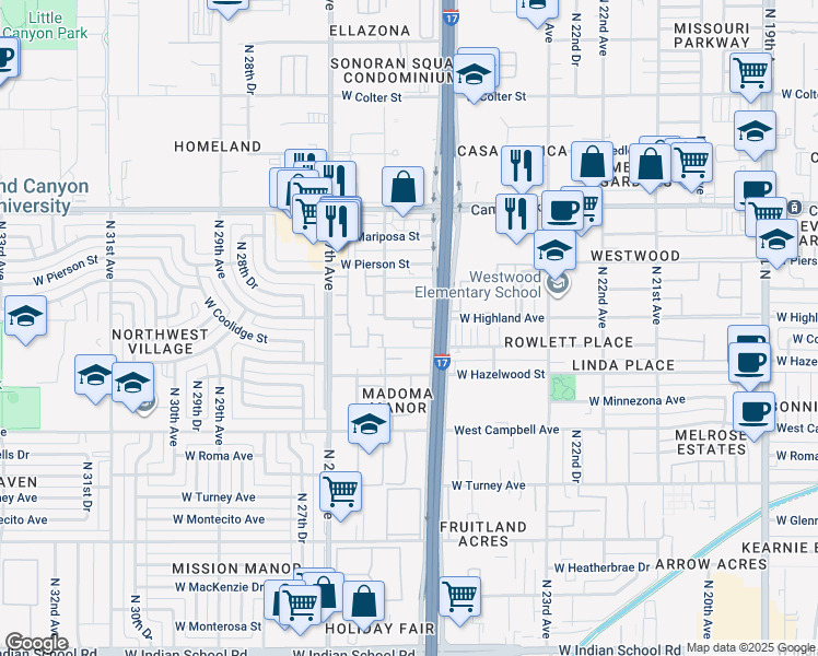 map of restaurants, bars, coffee shops, grocery stores, and more near 2535 West Highland Avenue in Phoenix