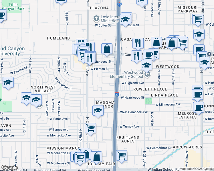 map of restaurants, bars, coffee shops, grocery stores, and more near 2535 West Highland Avenue in Phoenix