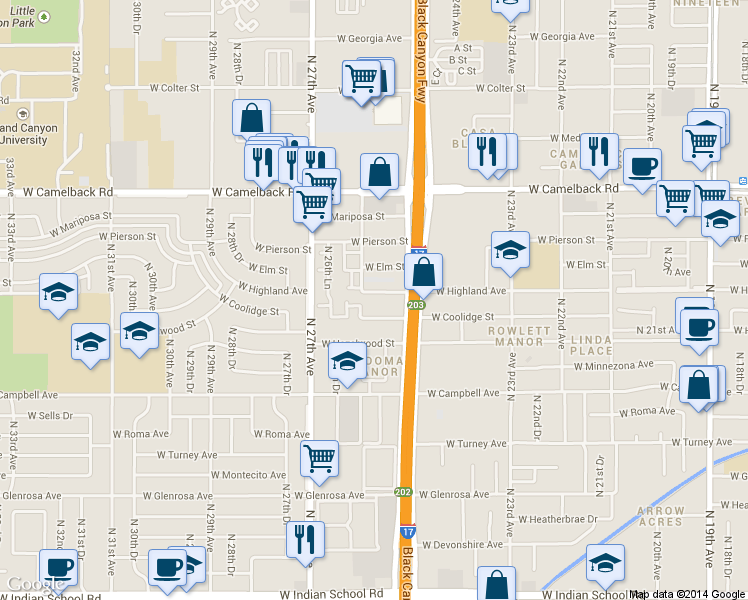 map of restaurants, bars, coffee shops, grocery stores, and more near 2535 West Highland Avenue in Phoenix