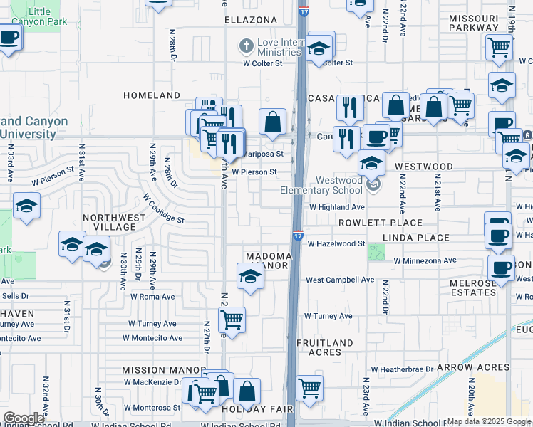 map of restaurants, bars, coffee shops, grocery stores, and more near 2535 West Highland Avenue in Phoenix