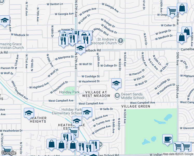 map of restaurants, bars, coffee shops, grocery stores, and more near 6515 West Coolidge Street in Phoenix
