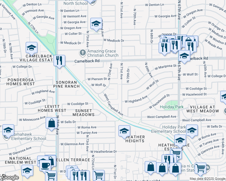 map of restaurants, bars, coffee shops, grocery stores, and more near 4628 North 71st Lane in Phoenix