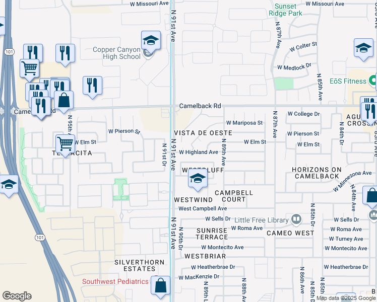 map of restaurants, bars, coffee shops, grocery stores, and more near 9027 West Highland Avenue in Phoenix