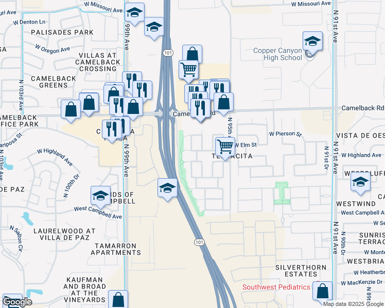 map of restaurants, bars, coffee shops, grocery stores, and more near 9625 West Elm Street in Phoenix