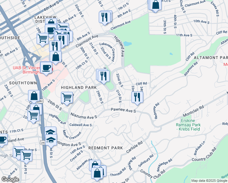 map of restaurants, bars, coffee shops, grocery stores, and more near 3017 Highland Avenue in Birmingham