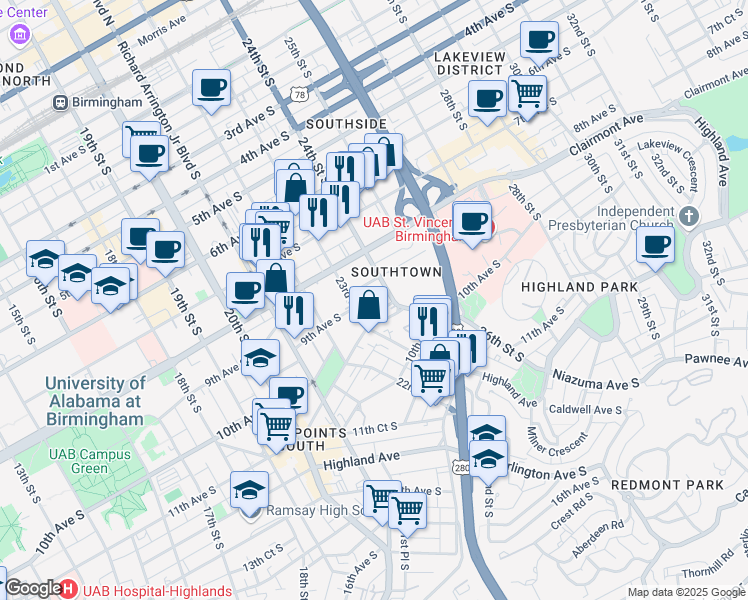 map of restaurants, bars, coffee shops, grocery stores, and more near 2328 9th Court South in Birmingham