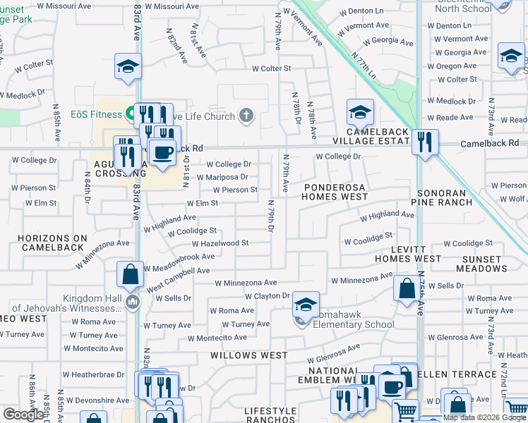 map of restaurants, bars, coffee shops, grocery stores, and more near 7930 West Highland Avenue in Phoenix