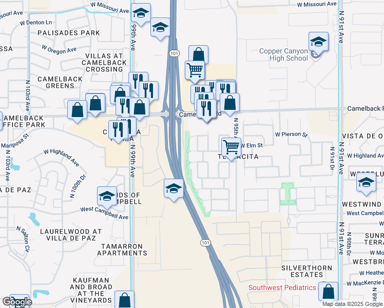 map of restaurants, bars, coffee shops, grocery stores, and more near 9625 West Elm Street in Phoenix