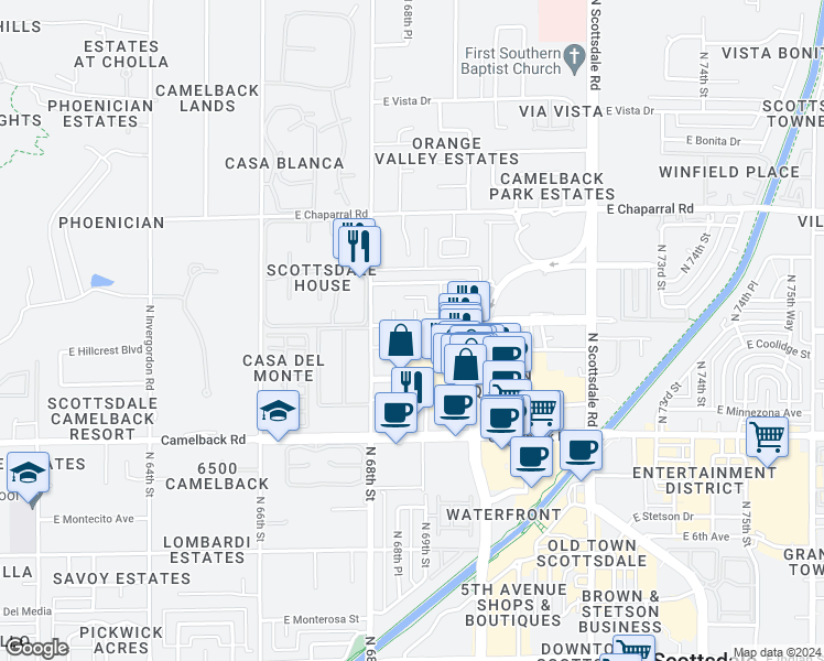 map of restaurants, bars, coffee shops, grocery stores, and more near 214 East Highland Avenue in Scottsdale