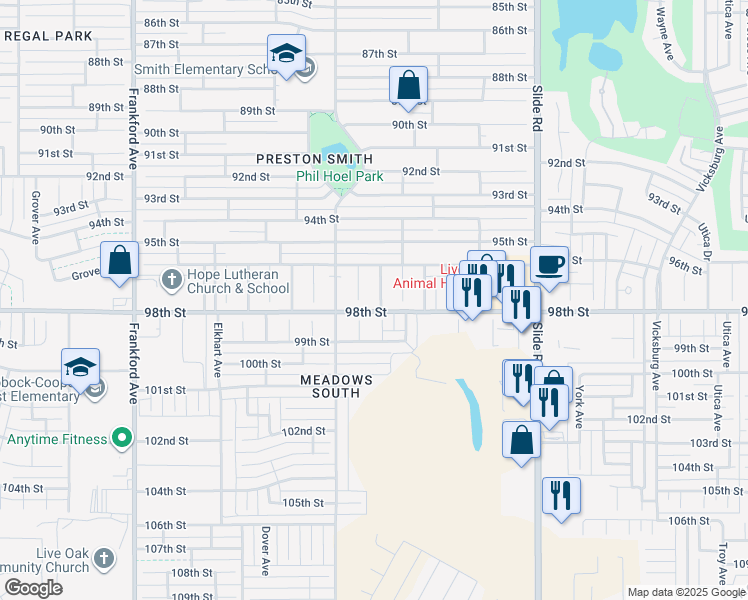 map of restaurants, bars, coffee shops, grocery stores, and more near 9614 Beaufort Avenue in Lubbock
