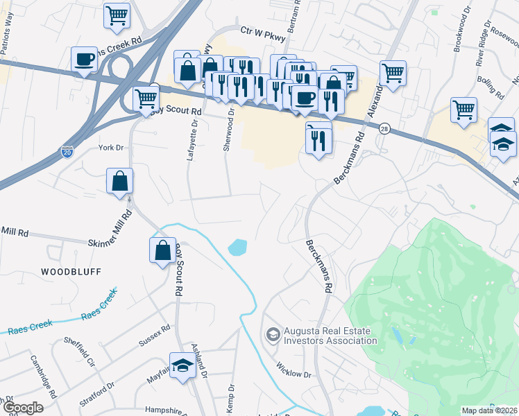 map of restaurants, bars, coffee shops, grocery stores, and more near 2965 Pointewest Drive in Augusta