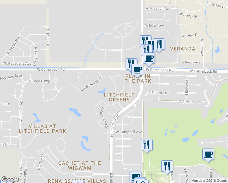 map of restaurants, bars, coffee shops, grocery stores, and more near 4808 North Greentree Drive East in Litchfield Park