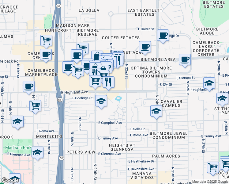 map of restaurants, bars, coffee shops, grocery stores, and more near 2141 East Highland Avenue in Phoenix