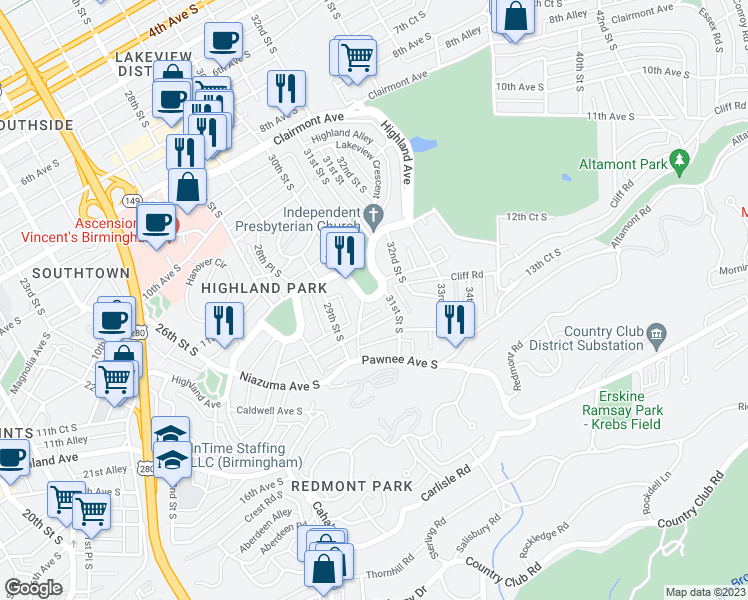 map of restaurants, bars, coffee shops, grocery stores, and more near 3017 Highland Avenue in Birmingham