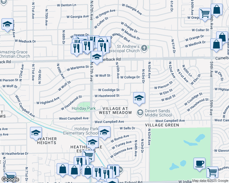map of restaurants, bars, coffee shops, grocery stores, and more near 6515 W Coolidge St in Phoenix
