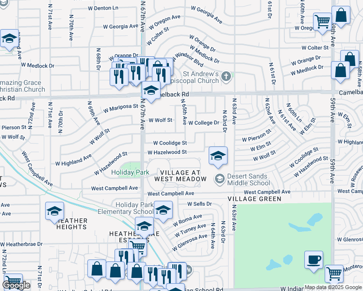 map of restaurants, bars, coffee shops, grocery stores, and more near 6515 West Coolidge Street in Phoenix