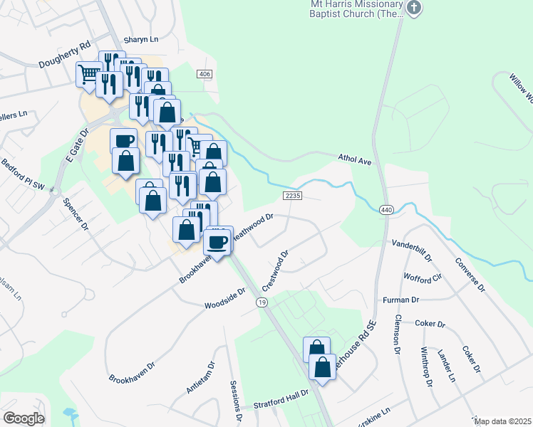 map of restaurants, bars, coffee shops, grocery stores, and more near 408 Heathwood Drive in Aiken