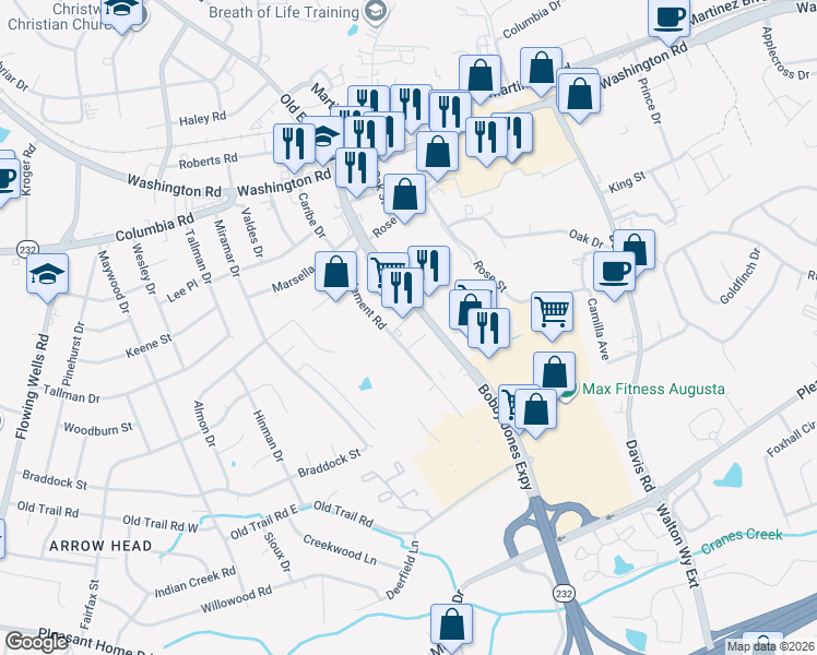 map of restaurants, bars, coffee shops, grocery stores, and more near 231 Bobby Jones Expressway in Martinez