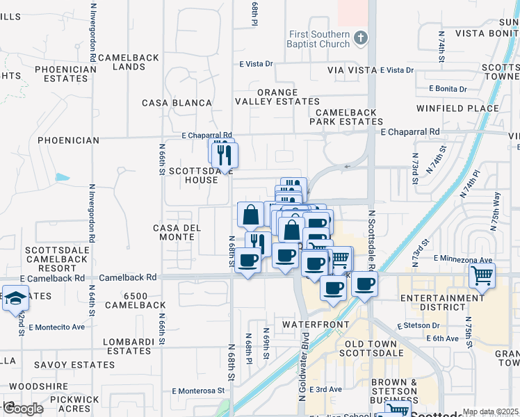 map of restaurants, bars, coffee shops, grocery stores, and more near 214 East Highland Avenue in Scottsdale