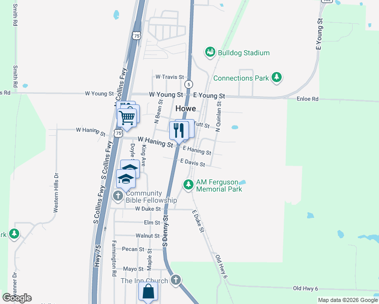 map of restaurants, bars, coffee shops, grocery stores, and more near 120 East Haning Street in Howe