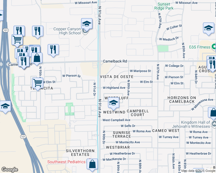 map of restaurants, bars, coffee shops, grocery stores, and more near 9027 West Highland Avenue in Phoenix