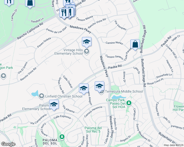 map of restaurants, bars, coffee shops, grocery stores, and more near 42425 Corte Villosa in Temecula