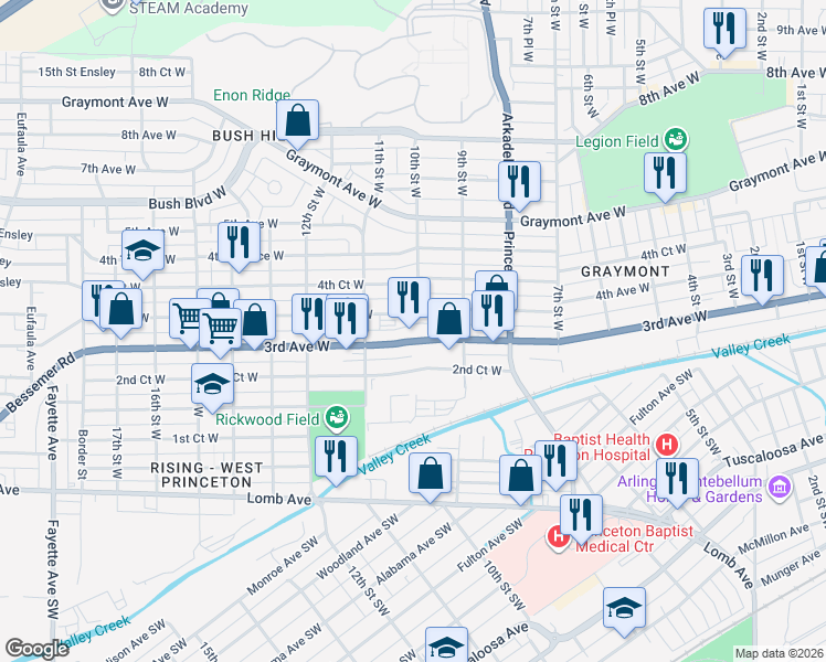 map of restaurants, bars, coffee shops, grocery stores, and more near 1000 3rd Avenue West in Birmingham