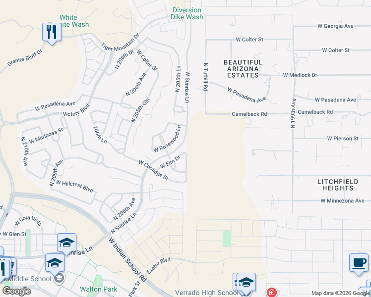map of restaurants, bars, coffee shops, grocery stores, and more near 20334 West Elm Drive in Buckeye
