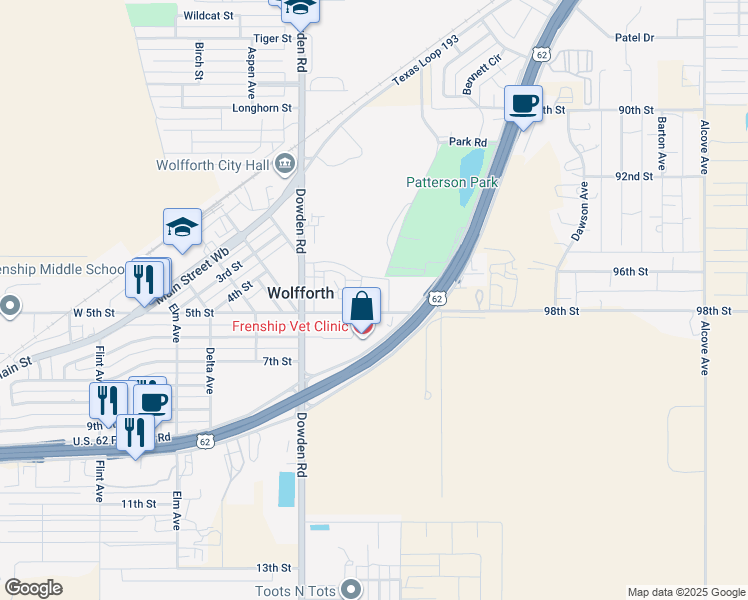 map of restaurants, bars, coffee shops, grocery stores, and more near 118 East 5th Street in Wolfforth
