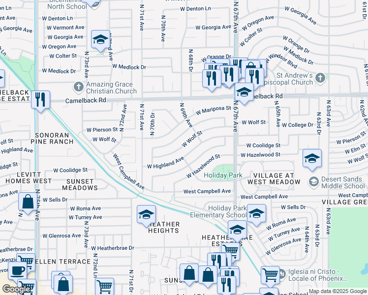 map of restaurants, bars, coffee shops, grocery stores, and more near 6939 W Wolf St in Phoenix