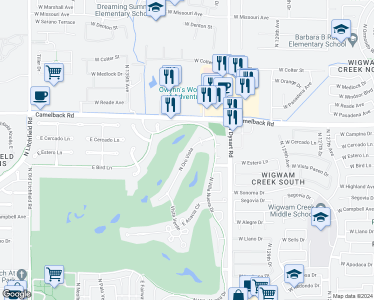 map of restaurants, bars, coffee shops, grocery stores, and more near 1132 North Oro Vista in Litchfield Park
