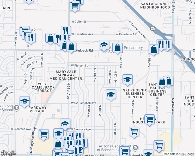 map of restaurants, bars, coffee shops, grocery stores, and more near 4851 West Highland Avenue in Phoenix
