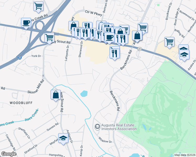 map of restaurants, bars, coffee shops, grocery stores, and more near 2911 Pointewest Drive in Augusta