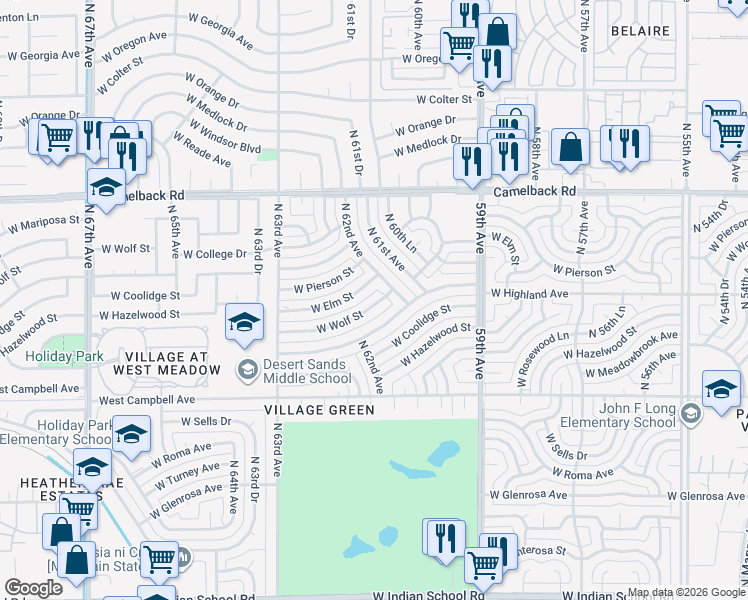 map of restaurants, bars, coffee shops, grocery stores, and more near 6212 West Wolf Street in Phoenix