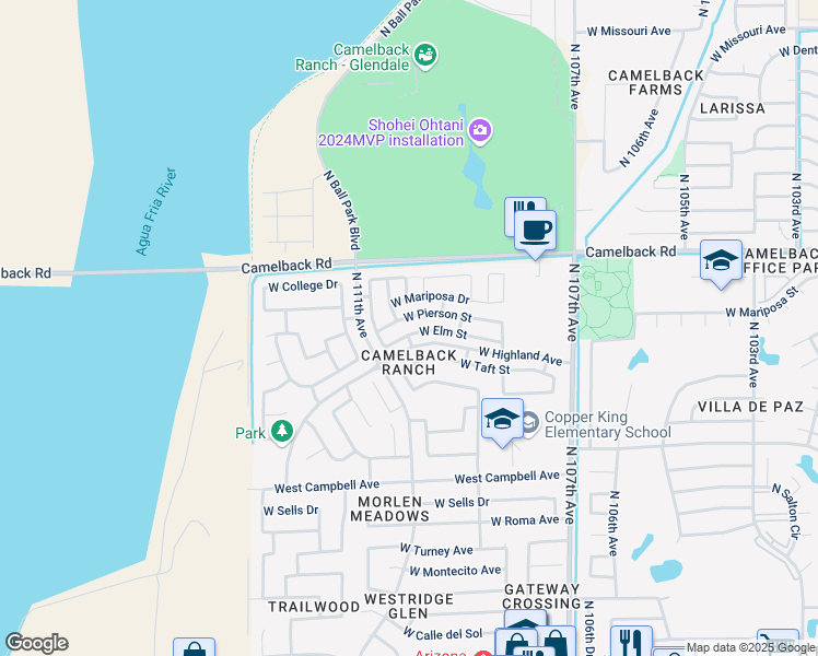 map of restaurants, bars, coffee shops, grocery stores, and more near 10939 West Elm Street in Phoenix