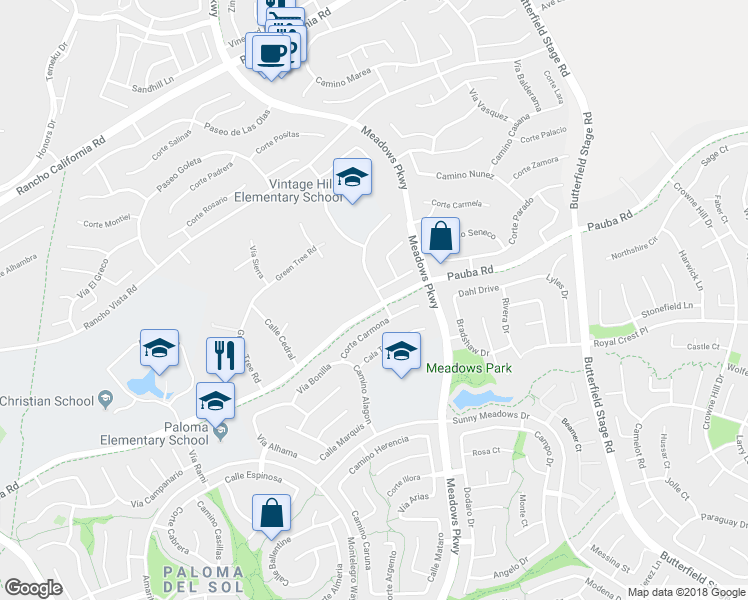 map of restaurants, bars, coffee shops, grocery stores, and more near 42425 Corte Villosa in Temecula