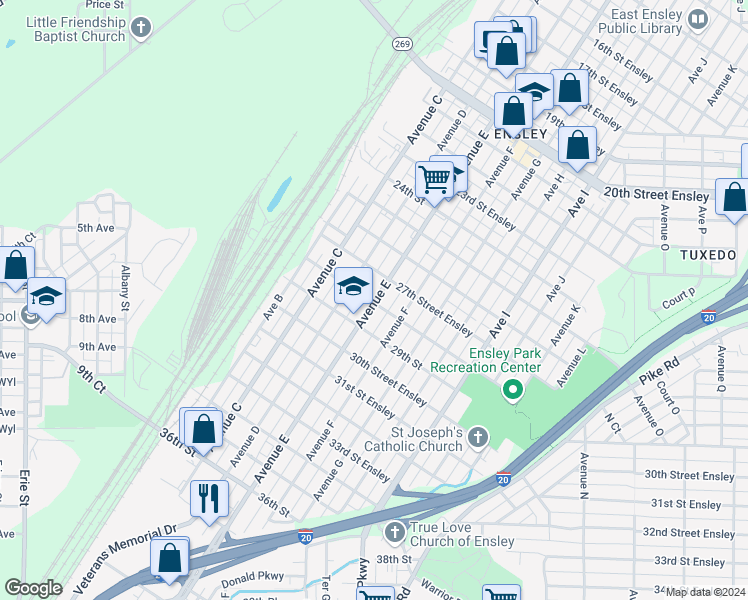 map of restaurants, bars, coffee shops, grocery stores, and more near Ave in Birmingham